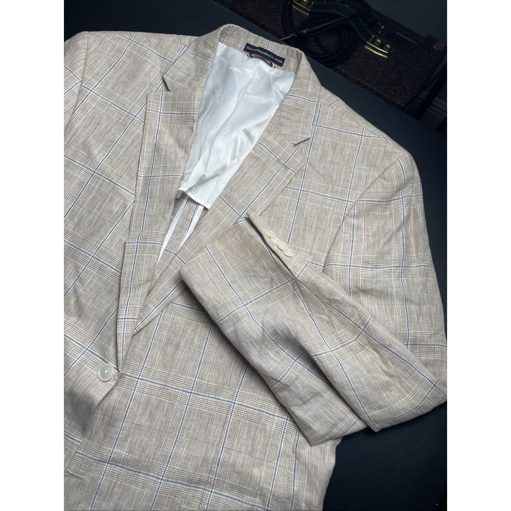 Tommy Hilfiger Linen Unstructured Windowpane Two Button Patch Pockets Blazer